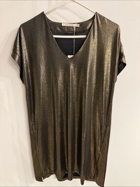 Ellison Shimmery Olive Metallic V-Neck dress with pockets